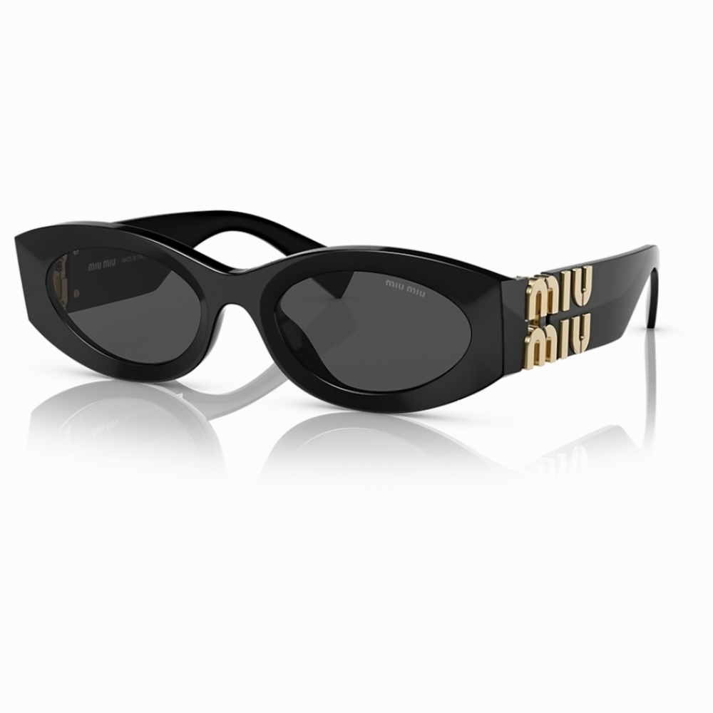 Miu Miu Glossy Black Cat-Eye Sunglasses with Gold Logo Temples